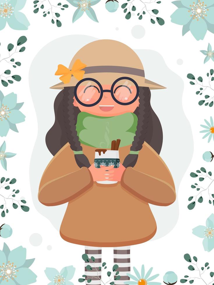 une jolie fille dans un chapeau et des lunettes tient une tasse avec une boisson chaude. adapté à la conception de cartes postales et de livres. illustration vectorielle. vecteur