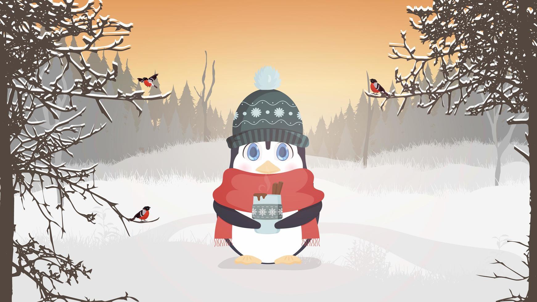 un pingouin en vêtements chauds d'hiver tient une tasse dans ses mains. un pingouin mignon dans une forêt enneigée boit une boisson chaude. carte postale toute faite pour un thème d'hiver. illustration vectorielle. vecteur
