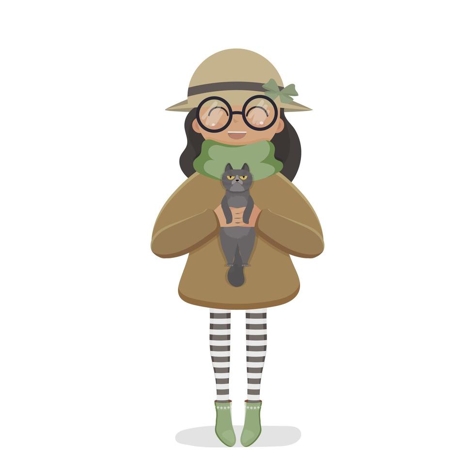 une jolie fille dans un chapeau et des lunettes tient un chat dans ses mains. adapté à la conception de cartes postales et de livres. isolé. illustration vectorielle. vecteur