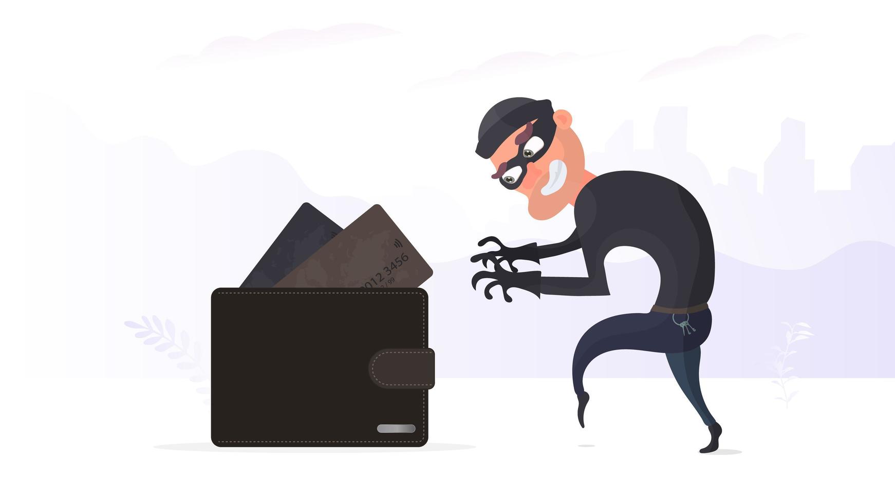 un voleur vole une carte de crédit dans un portefeuille. un criminel vole le portefeuille d'un homme. le concept de fraude, de fraude et de fraude avec de l'argent. vecteur. vecteur