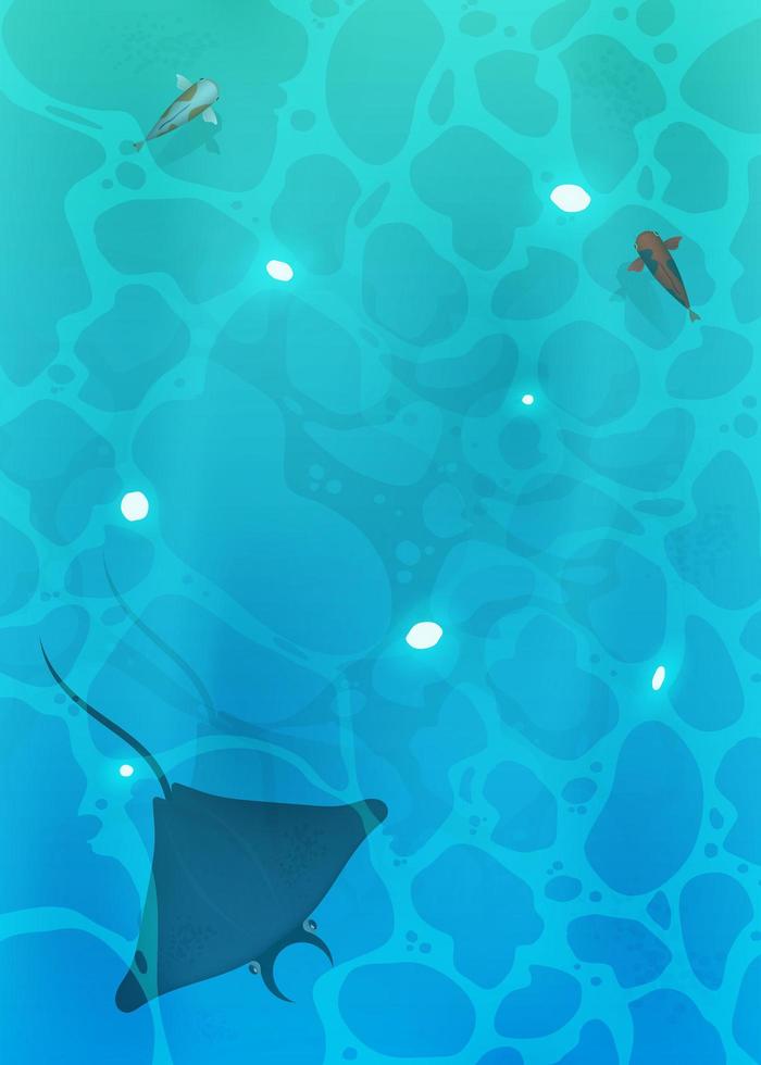 poisson dans la vue de dessus de l'eau. océan, rivière ou lac aux eaux bleues claires. bannière carrée. illustration vectorielle. vecteur
