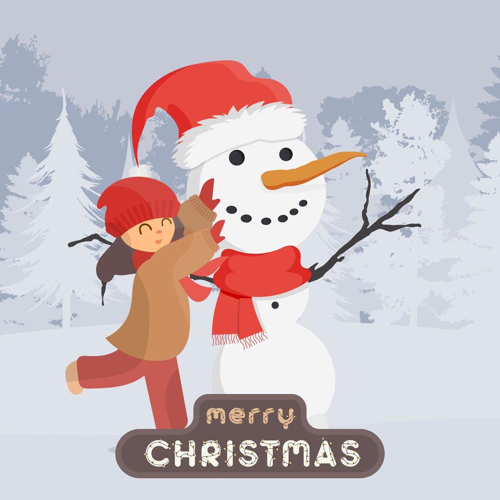 joyeux noël carte postale. une fille sculpte un bonhomme de neige dans une forêt enneigée. bonhomme de neige, fille en vêtements d'hiver chauds. dessin animé, illustration vectorielle. vecteur