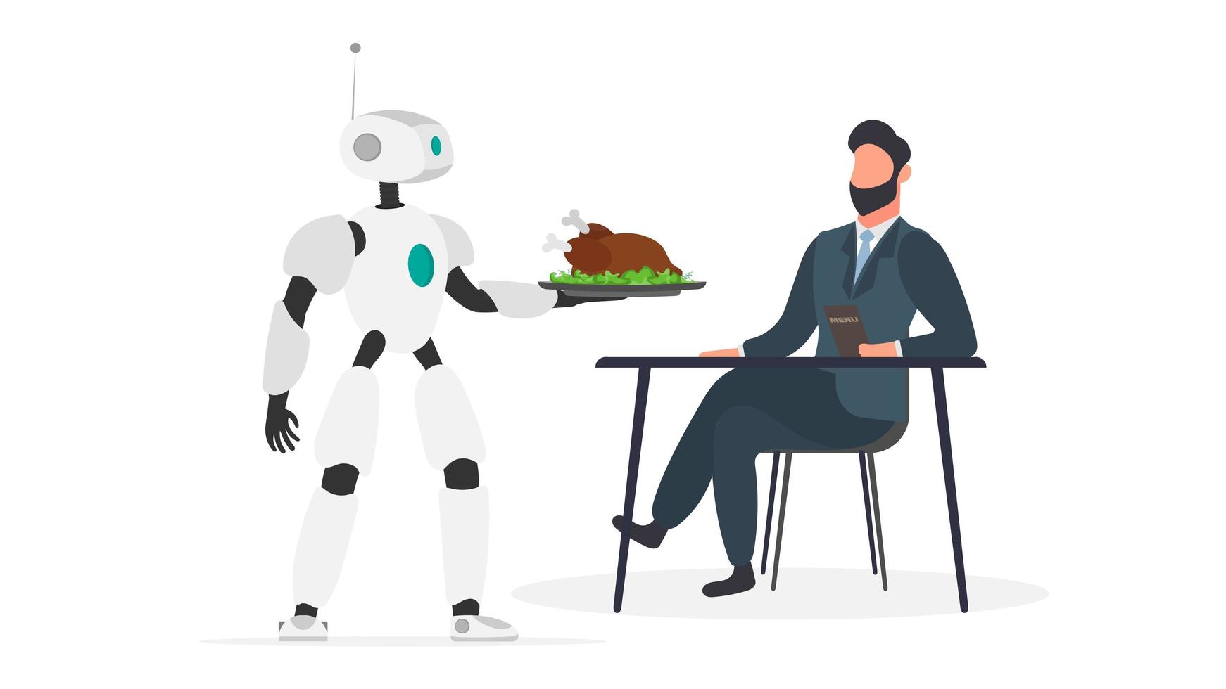 le serveur robot a apporté de la nourriture pour l'homme. le robot tient un plateau en métal avec de la viande frite. concept de futurs travailleurs de café. isolé. vecteur. vecteur