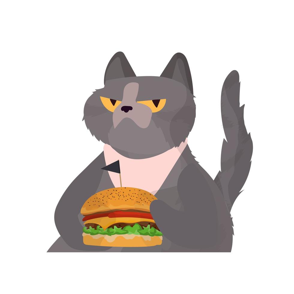 chat drôle avec un regard sérieux tient un hamburger. le chat tient un hamburger. bon pour les autocollants de restauration rapide, les t-shirts et les cartes postales. isolé. vecteur. vecteur