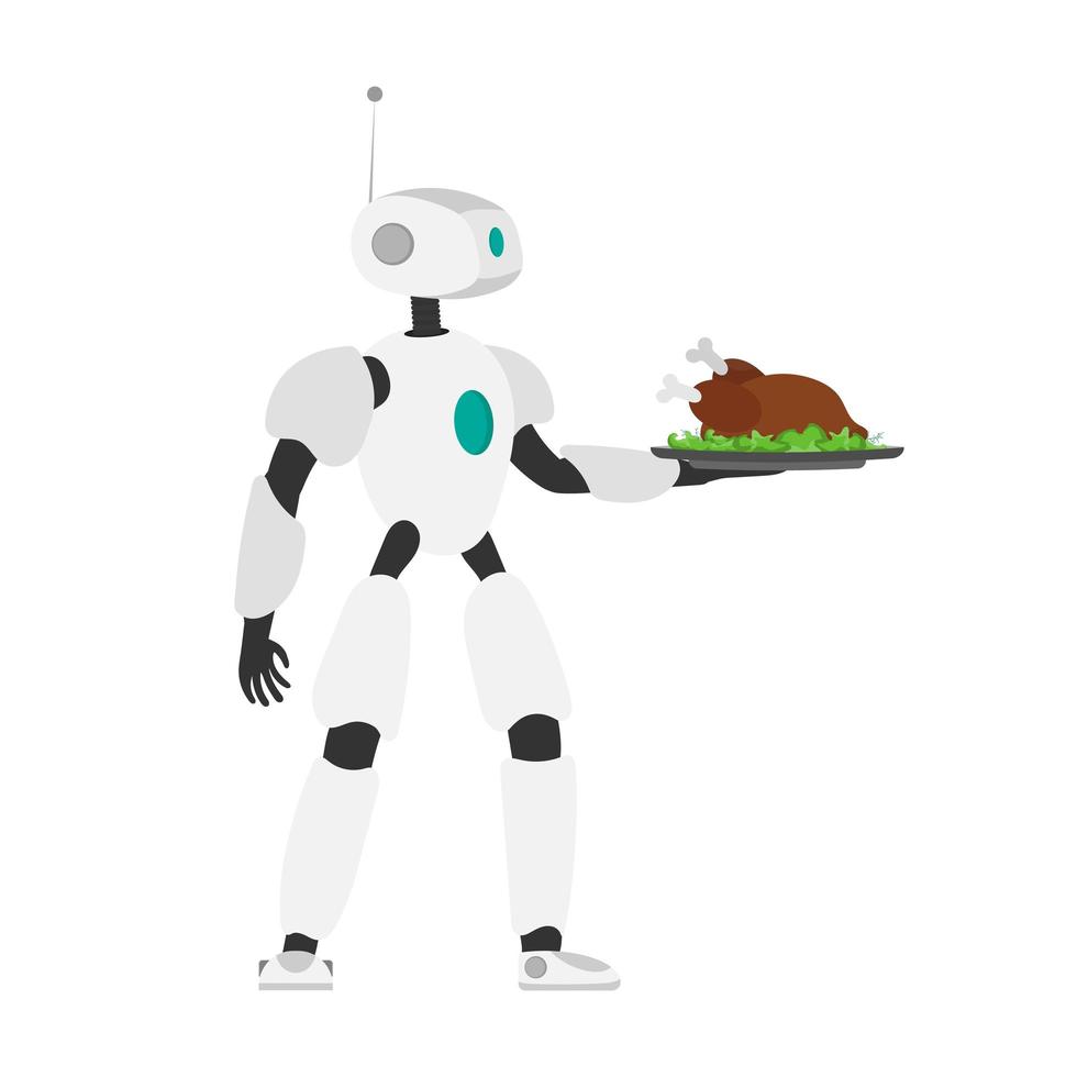 le robot tient un plateau en métal avec de la viande frite. serveur robot. le concept des futurs travailleurs du café. isolé. vecteur. vecteur