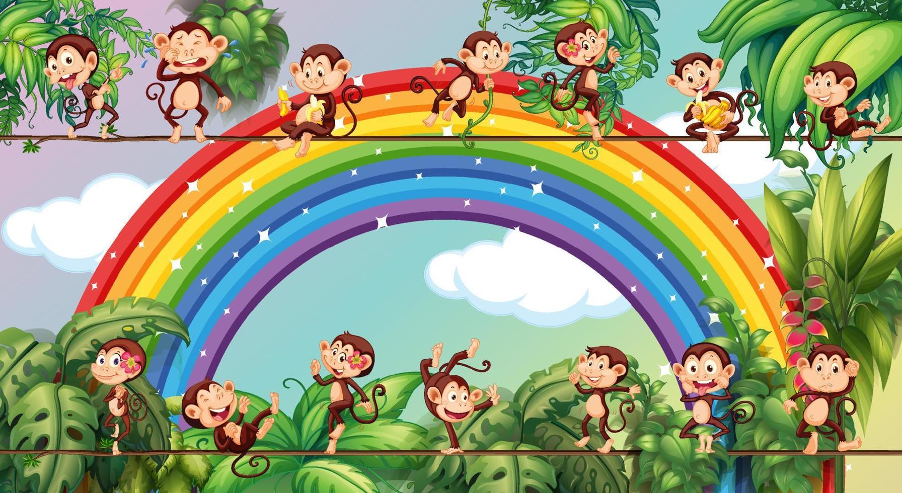 différents personnages de dessins animés de singe sur la corde sur fond arc-en-ciel vecteur