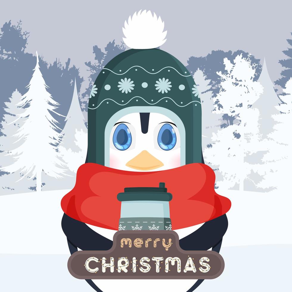 joyeux noël carte postale. un pingouin dans une forêt enneigée boit une boisson chaude. un pingouin dans des vêtements d'hiver chauds tient une tasse dans ses mains. illustration vectorielle. vecteur