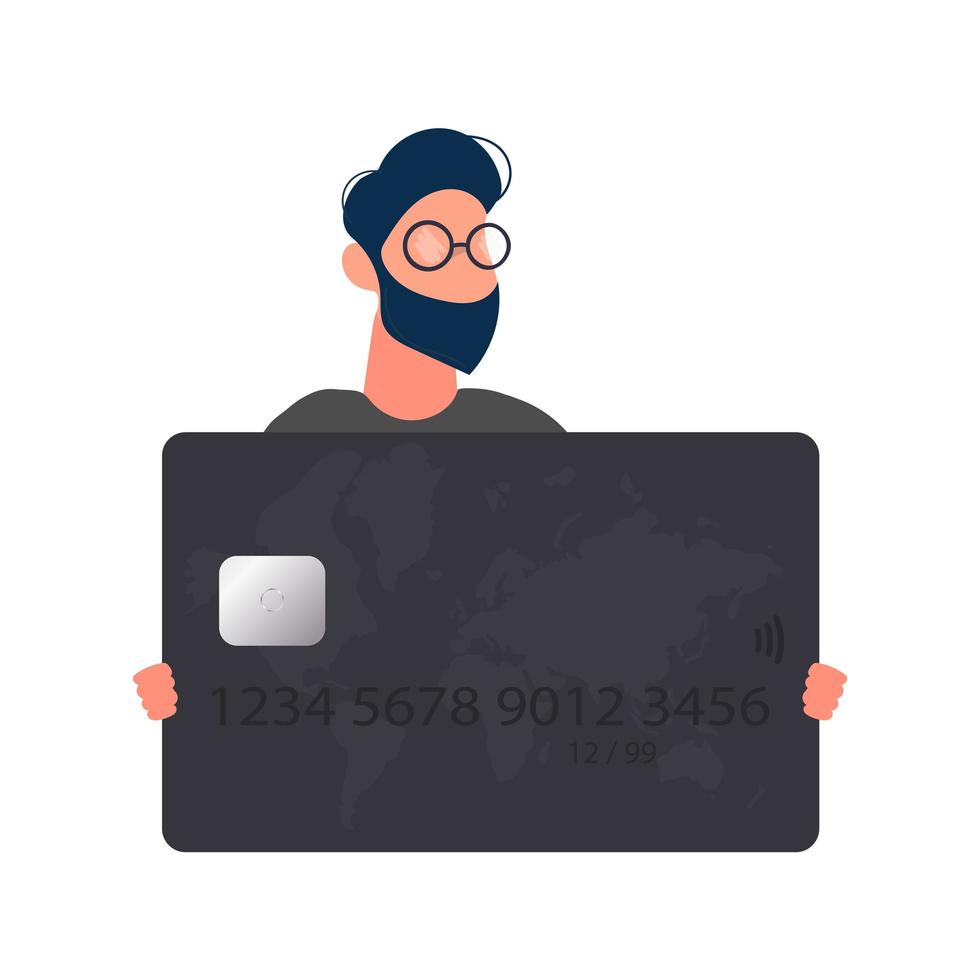 le gars avec des lunettes tient une carte bancaire noire. jeune homme tenant une carte en plastique pour guichet automatique isolé sur fond blanc. vecteur. vecteur
