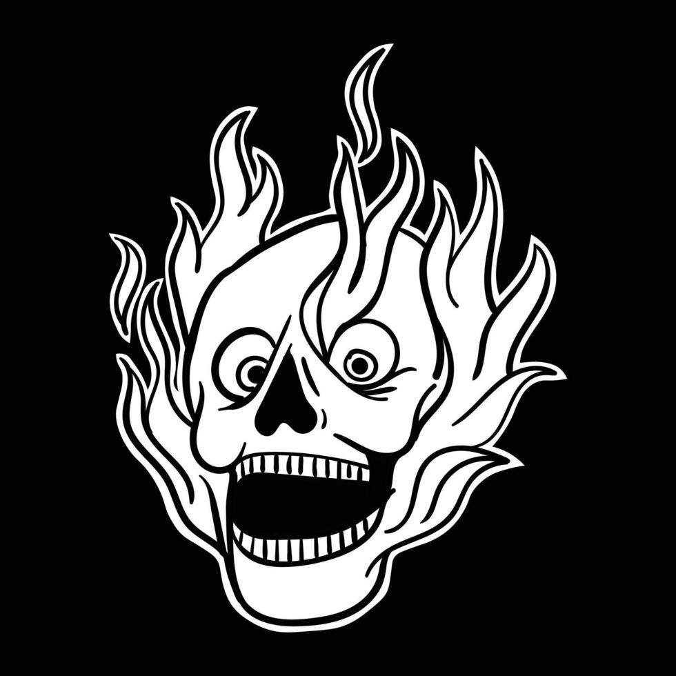 illustration de feu de crâne noir et blanc imprimé sur des t-shirts, une veste, des souvenirs ou un vecteur gratuit de tatouage