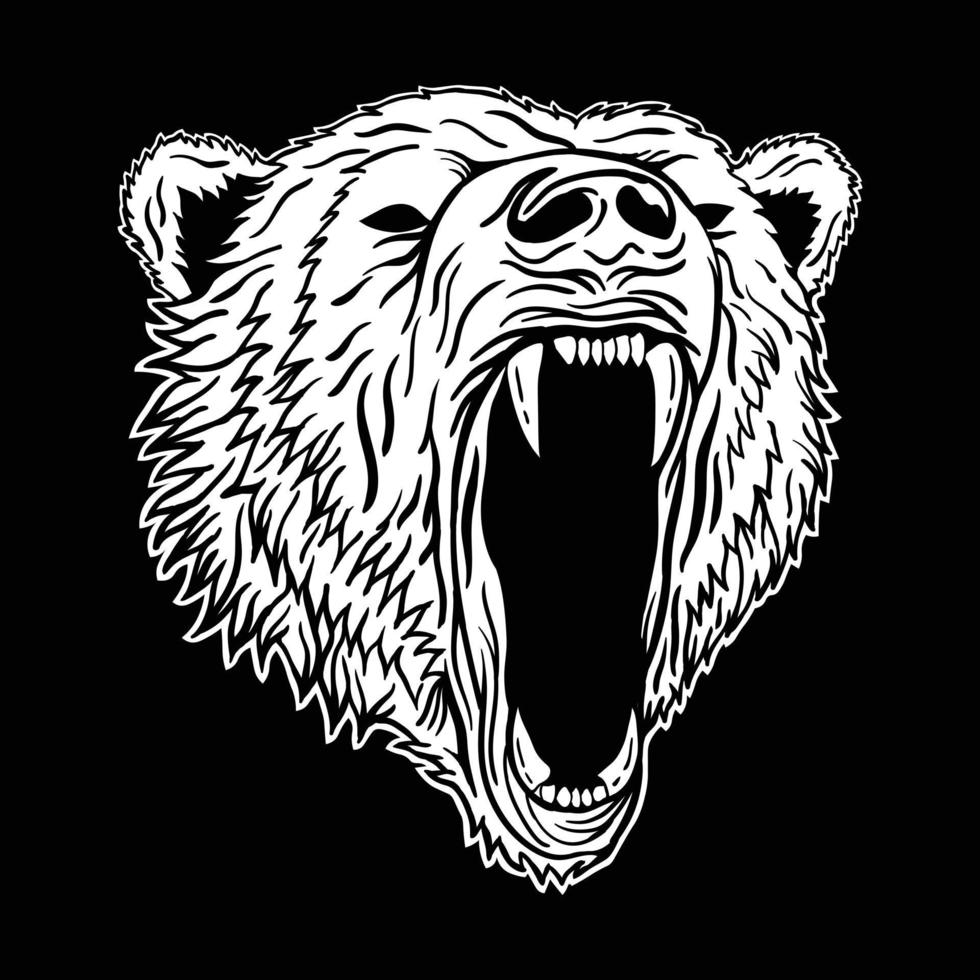 illustration d'ours grizzly noir et blanc imprimée sur des t-shirts, une veste, des souvenirs ou un vecteur gratuit de tatouage