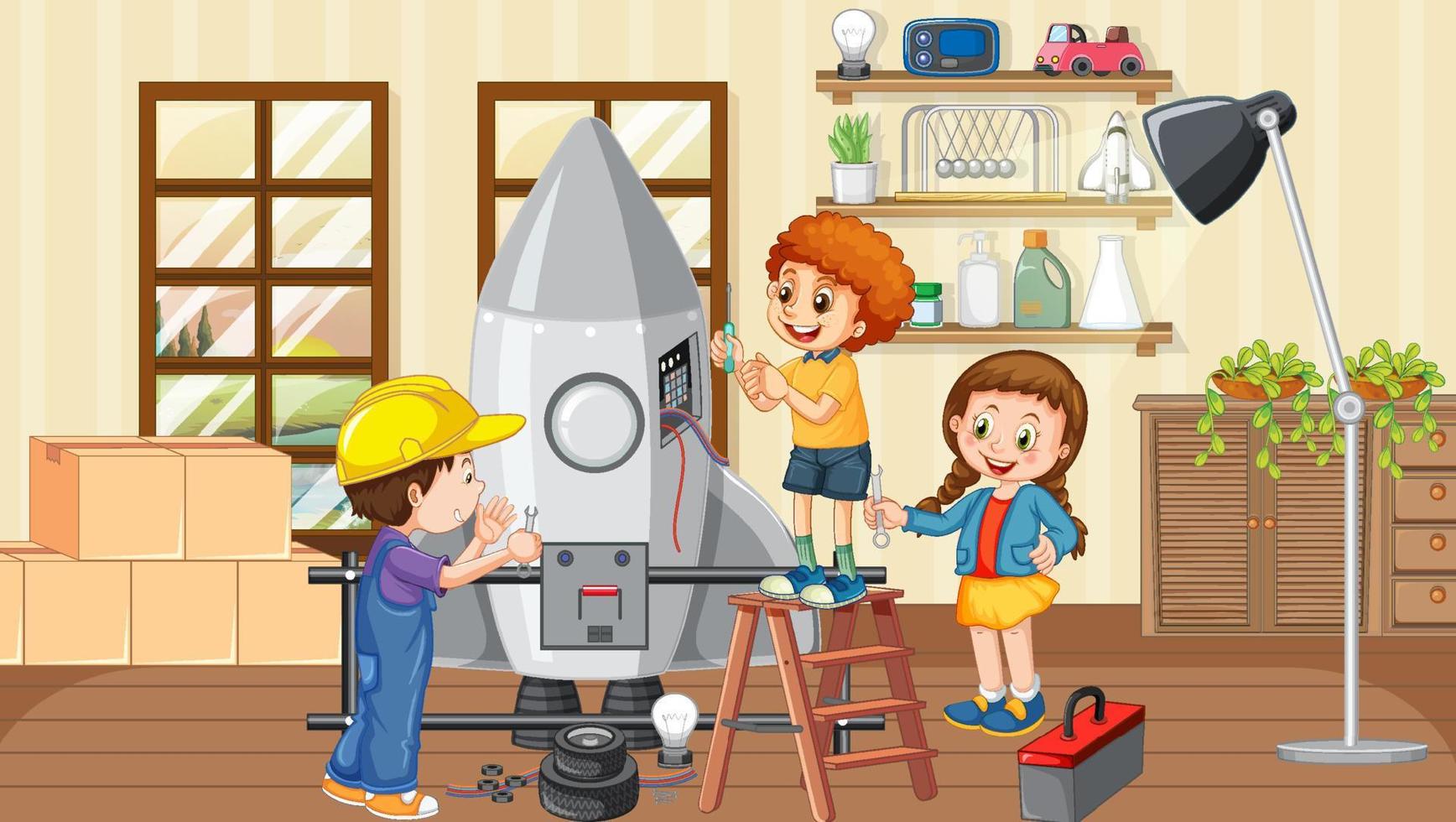 enfants réparant un jouet de fusée ensemble dans la scène de la pièce vecteur