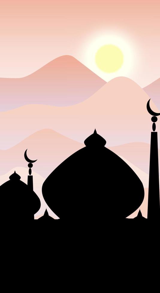 illustration vectorielle islamique dans un style plat avec mosquée design. fond de paysage esthétique et naturel. modèle de bannière pour le thème de l'économiseur d'écran de téléphone portable, l'écran de verrouillage et le fond d'écran. vecteur