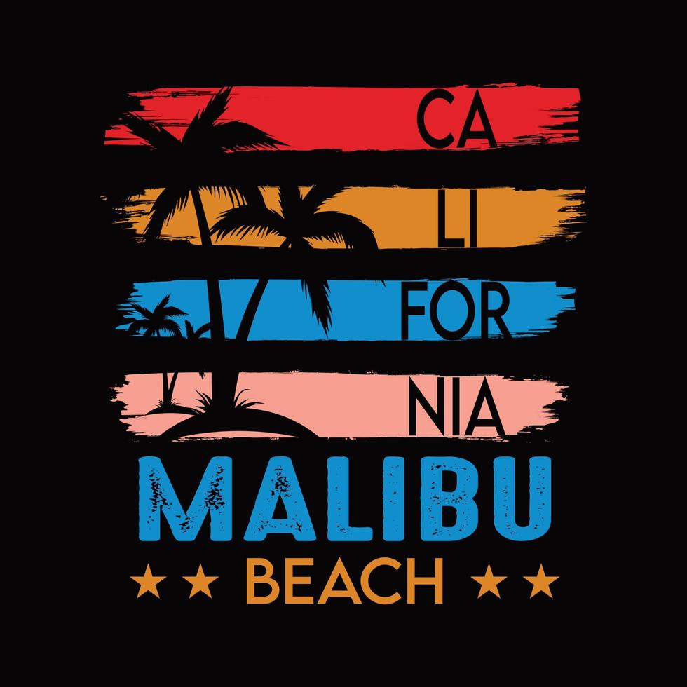 t-shirt de plage de californie malibu. vecteur de chemise d'été de typographie vintage et illustration.