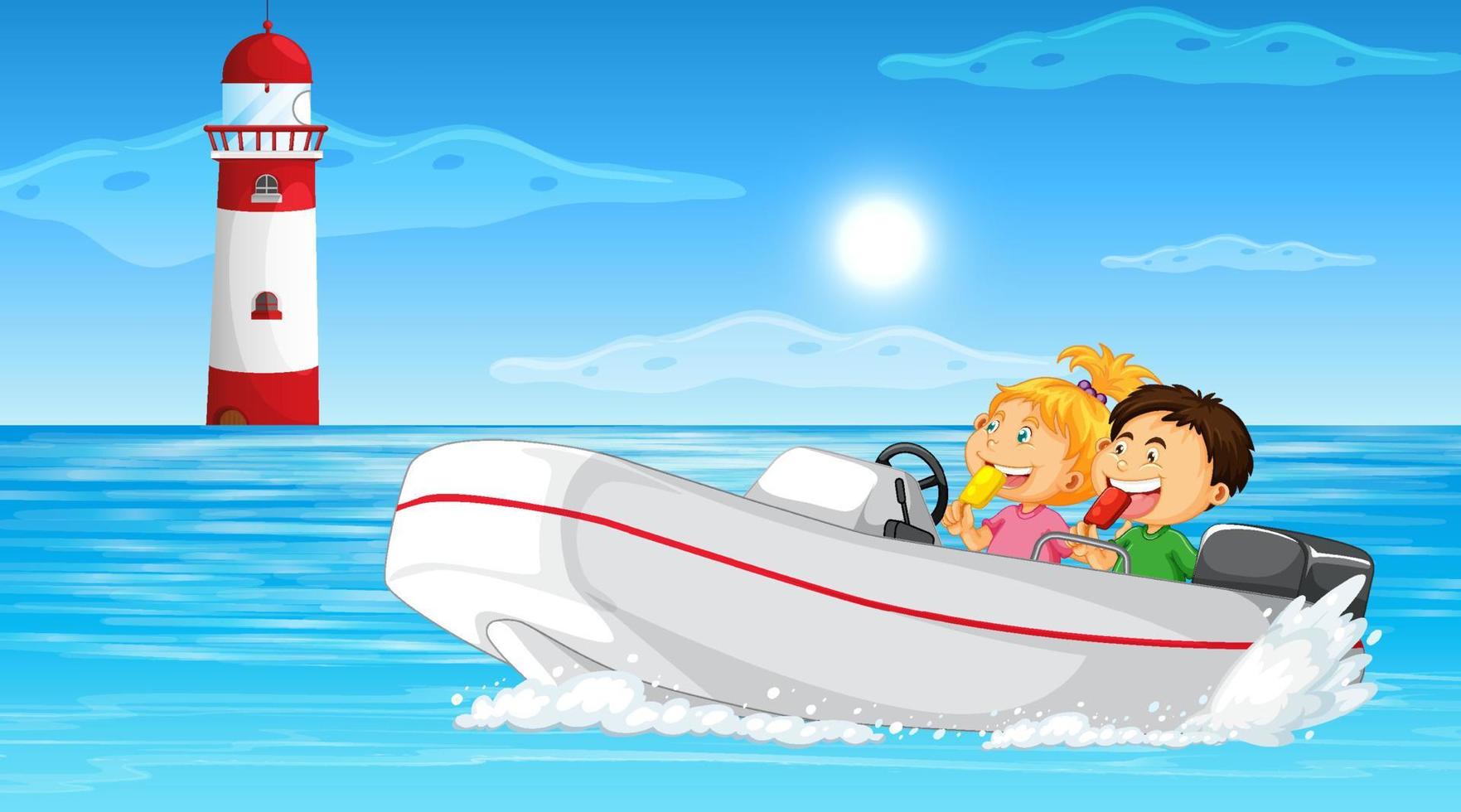paysage océanique avec des enfants sur un bateau à moteur vecteur