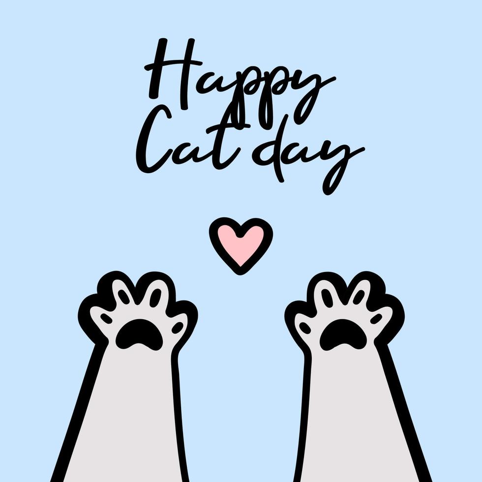 pattes de chat avec une illustration mignonne de coeur avec le texte de lettrage jour de chat heureux 8 août isolé sur bleu vecteur