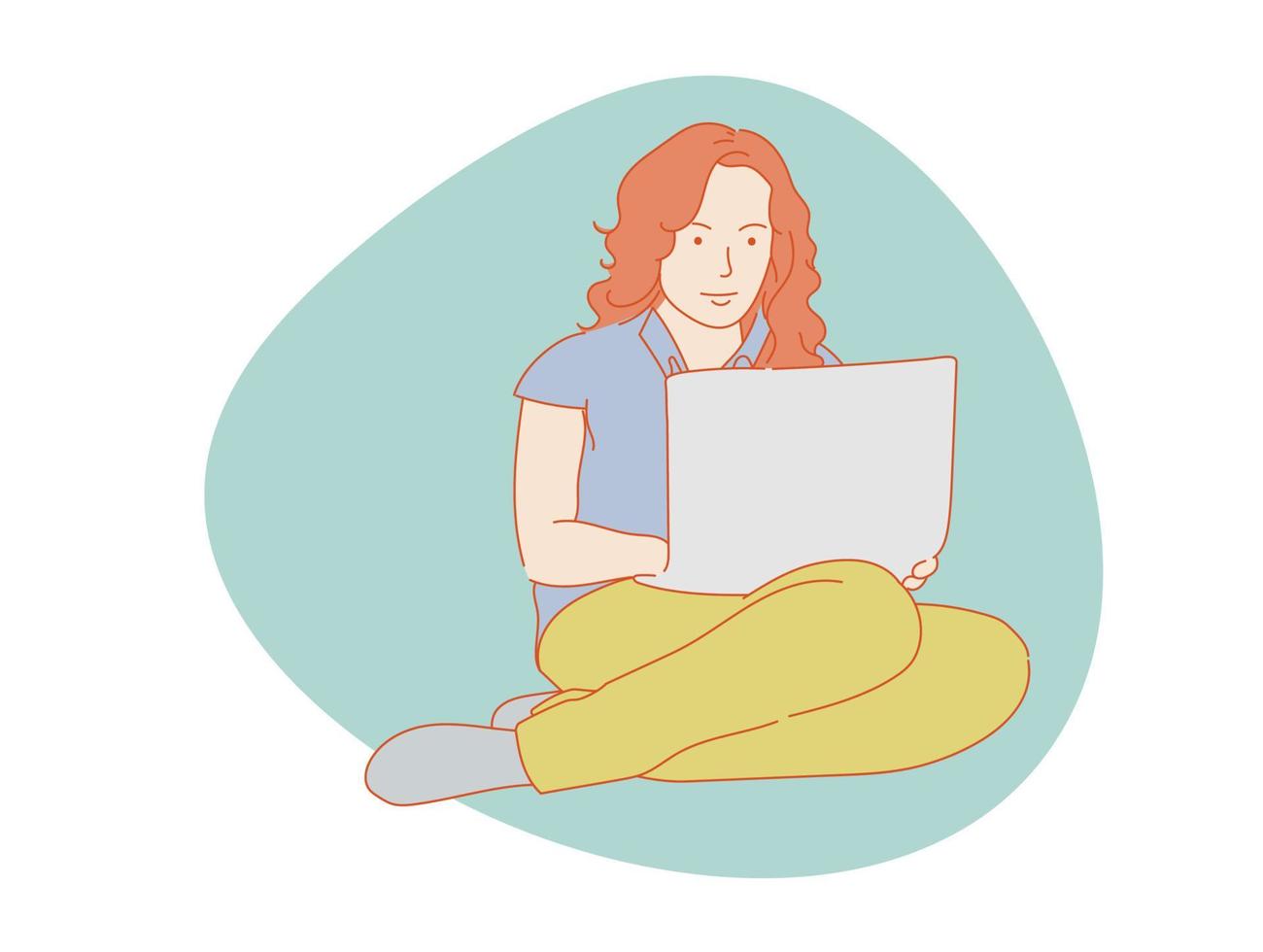 belle femme ou jolie fille assise devant un ordinateur portable, vecteur coloré