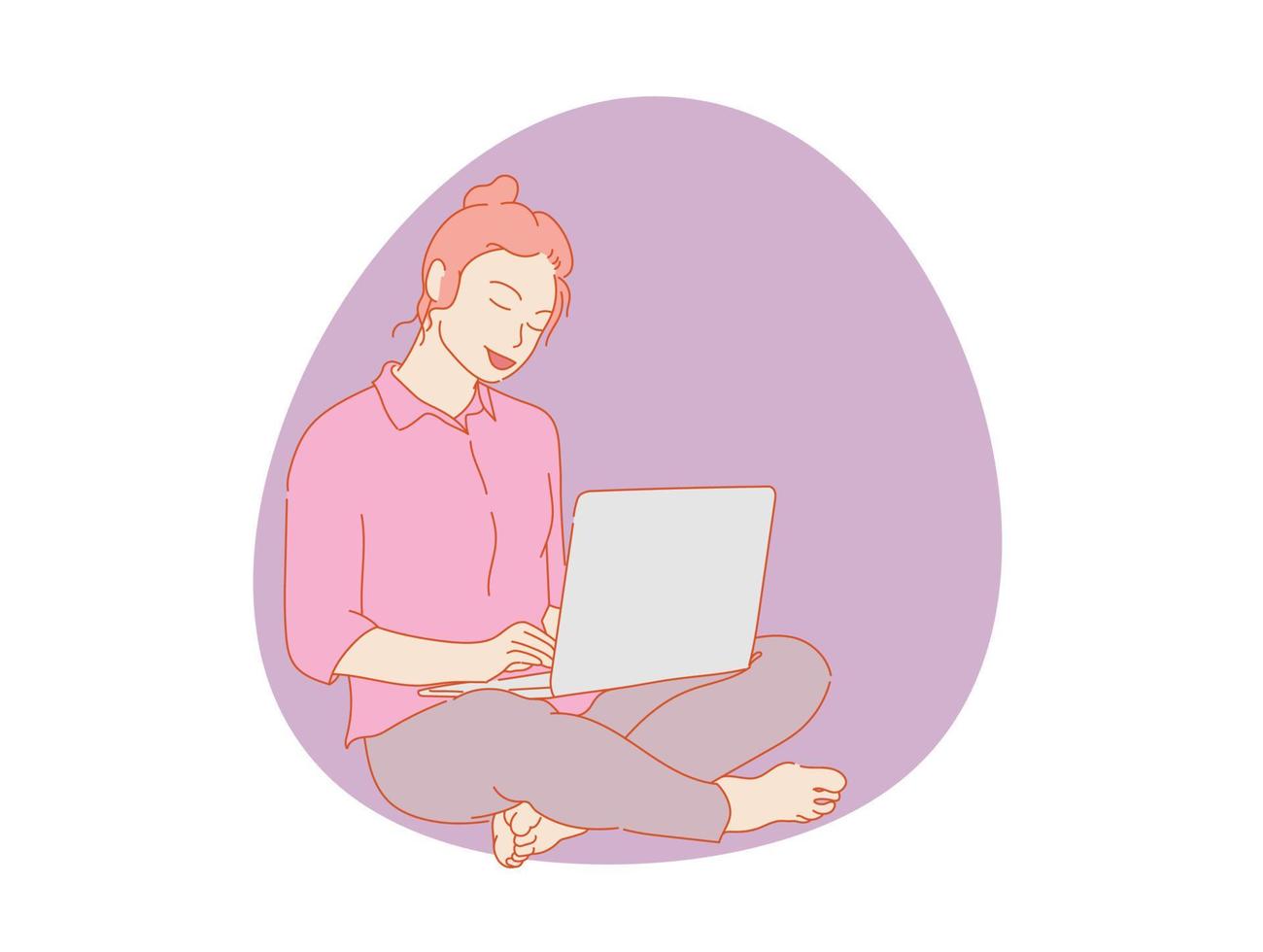 belle femme ou jolie fille assise devant un ordinateur portable, vecteur coloré