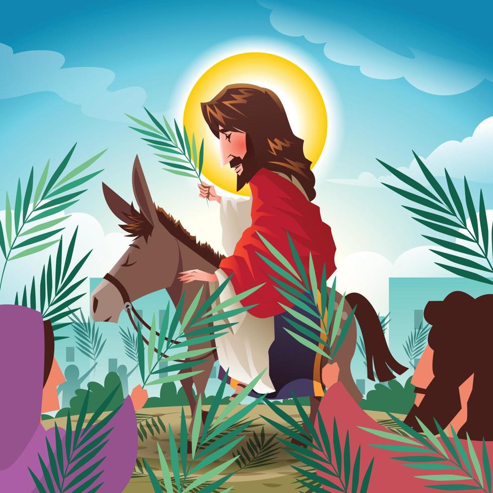 concept du dimanche des rameaux avec jésus-christ chevauchant un âne dans la ville vecteur