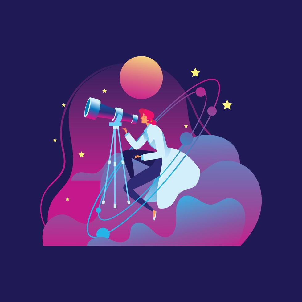 femme astrophysicienne avec un télescope vecteur