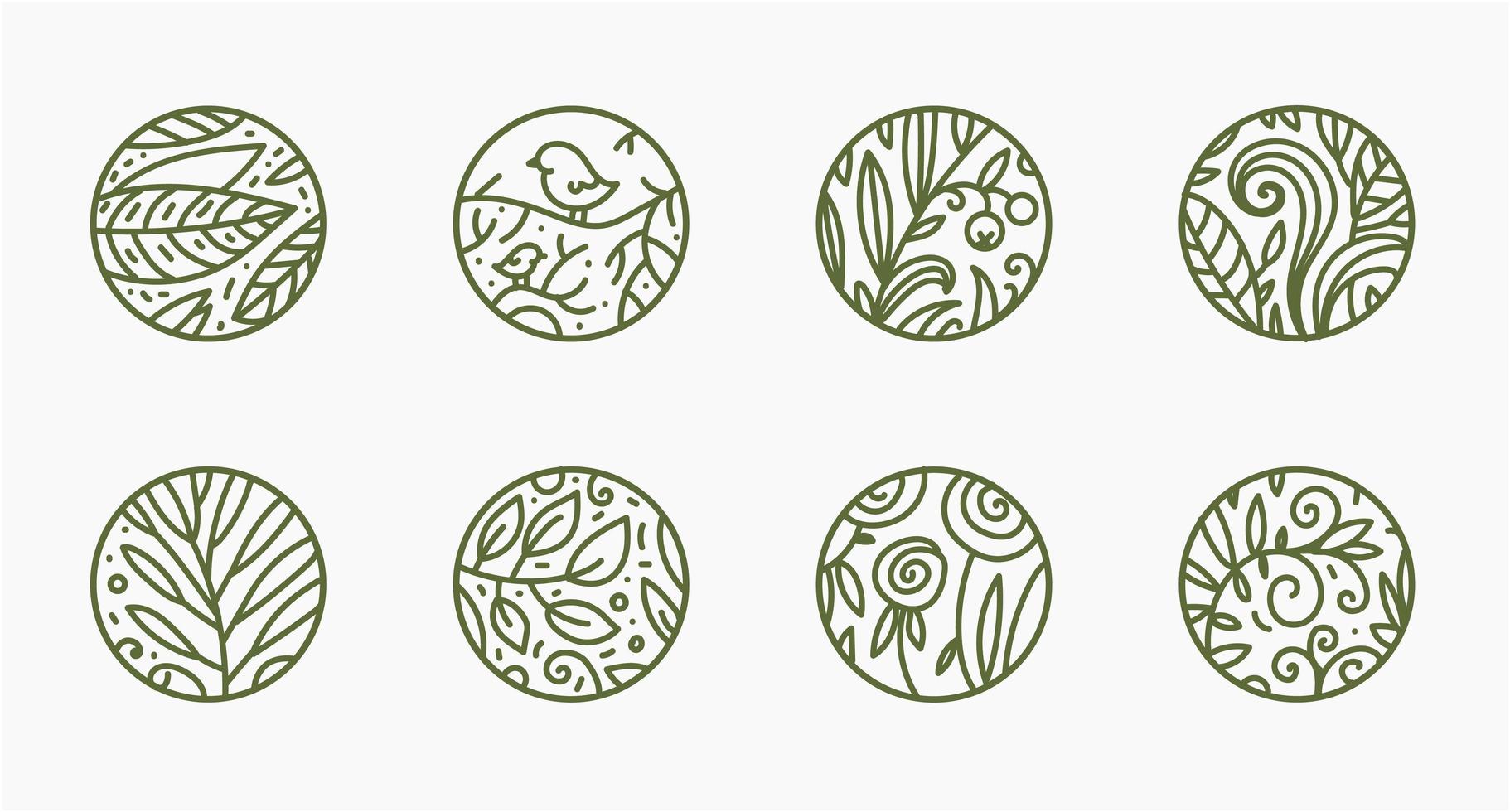 ensemble de vecteurs de logos de nature linéaire. badges abstraits, produits écologiques, cosmétiques, concepts écologiques, santé, spa, yoga, points forts du réseau social. feuilles, fleurs, oiseaux vecteur