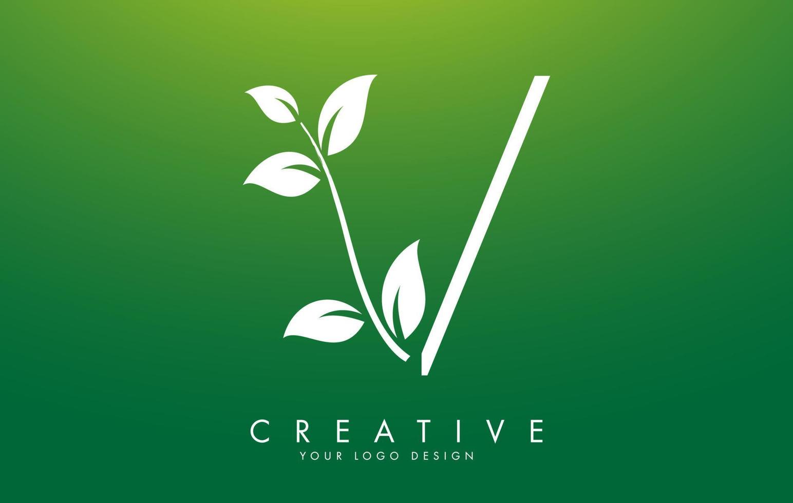 création de logo de lettre v de feuille blanche avec des feuilles sur une branche et un fond vert. lettre v avec concept nature vecteur