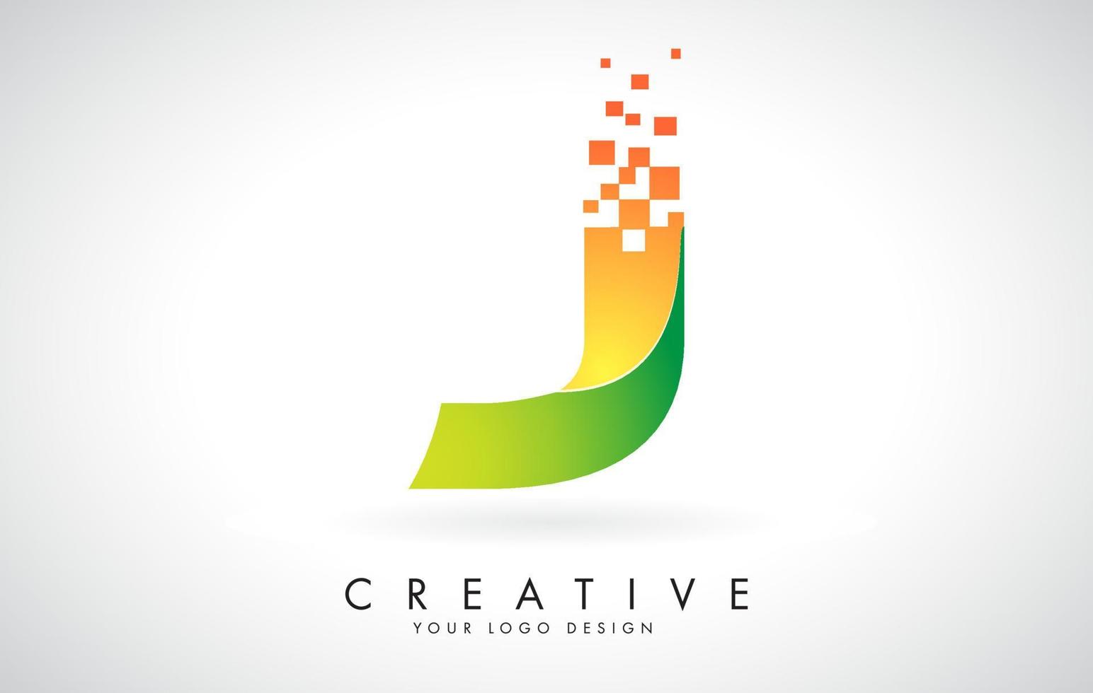 création de logo lettre j dans des couleurs vives avec de petits blocs brisés sur fond blanc. vecteur