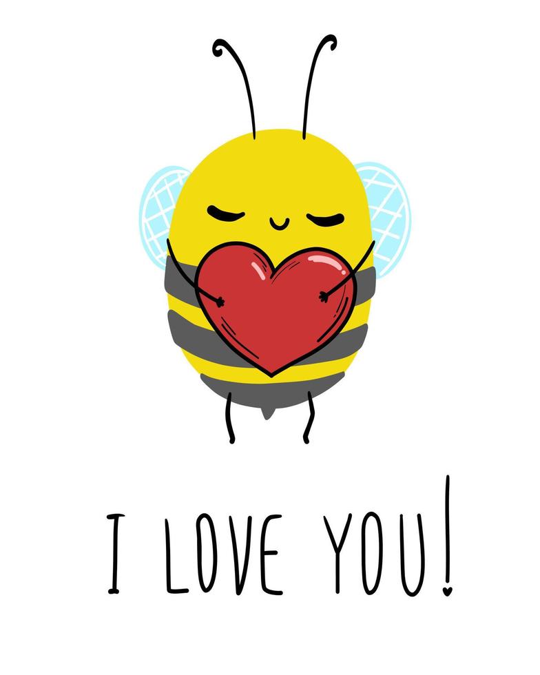 l'abeille dit je t'aime. insecte mignon avec carte postale coeur, affiche, arrière-plan. illustration vectorielle dessinés à la main. vecteur