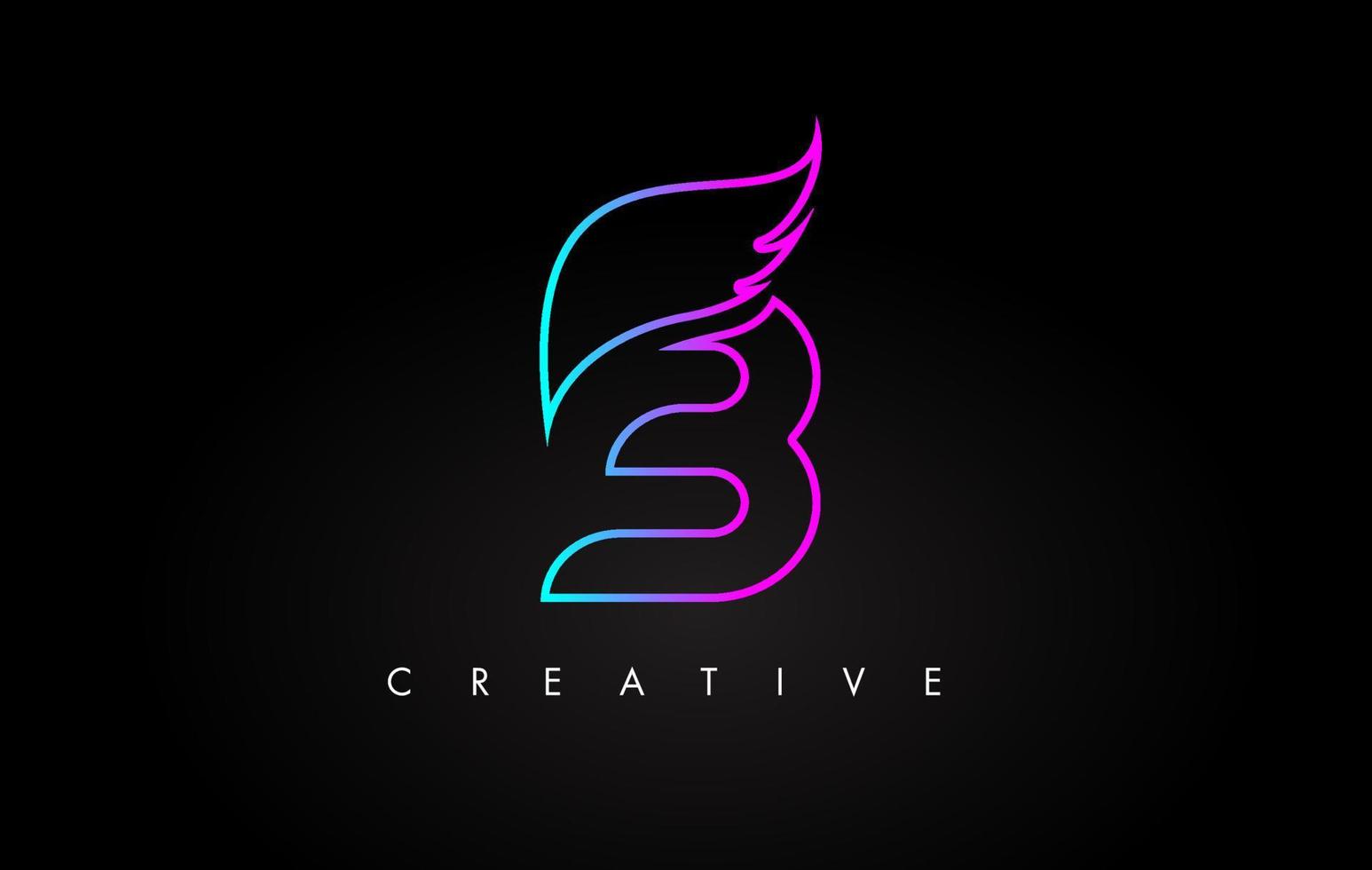 création d'icône de logo de lettre néon b avec aile créative dans des couleurs magenta violet bleu vecteur