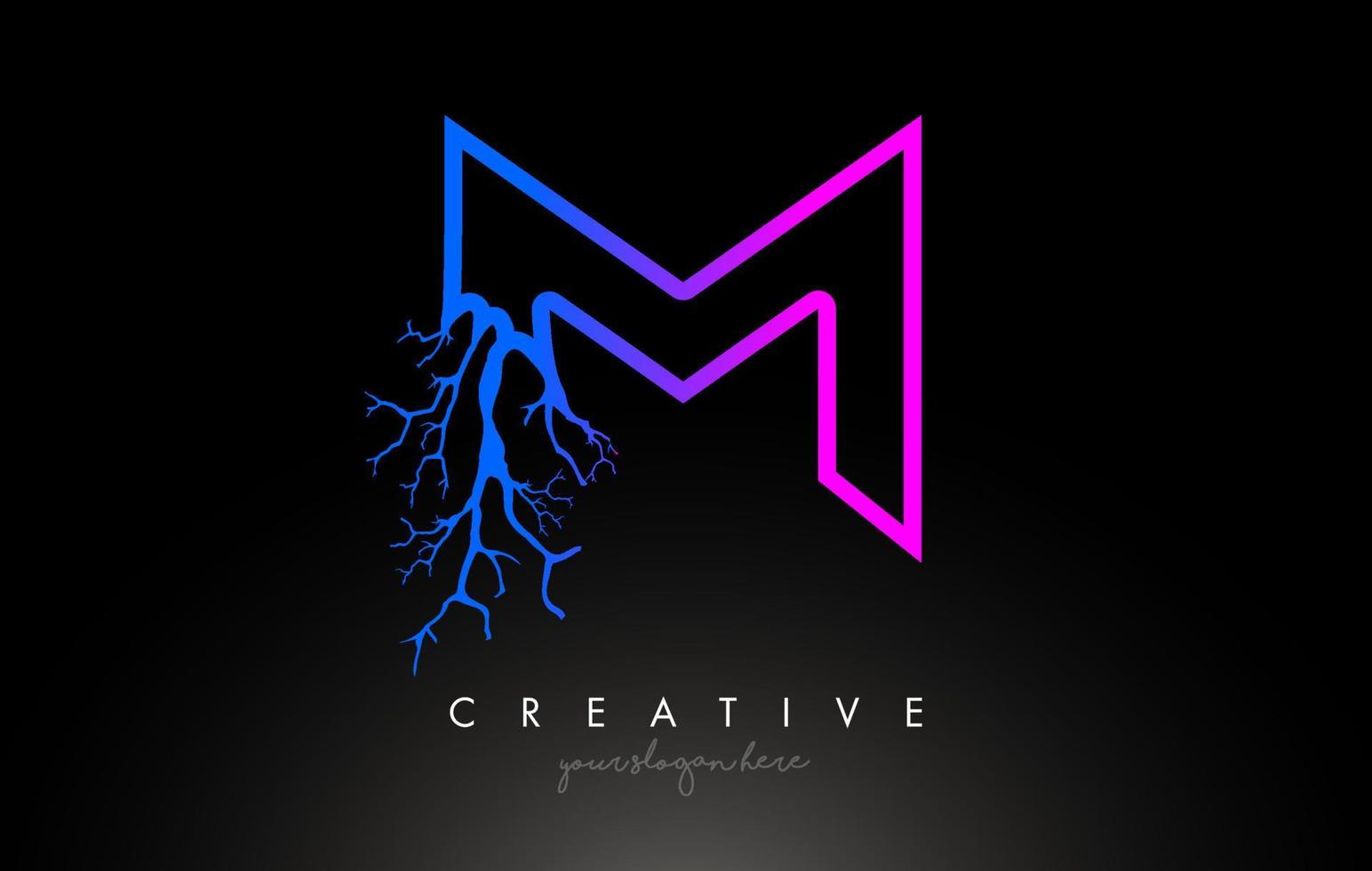 logo de conception de lettre m d'arbre avec une branche d'arbre bleu violet. m lettre arbre icône logo vecteur