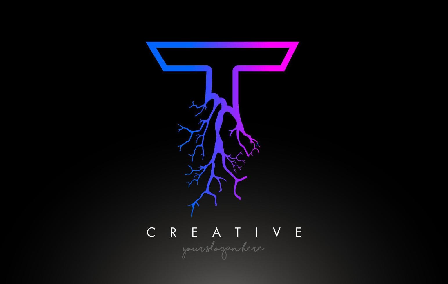 arbre lettre t design logo avec branche d'arbre bleu violet. t lettre arbre icône logo vecteur