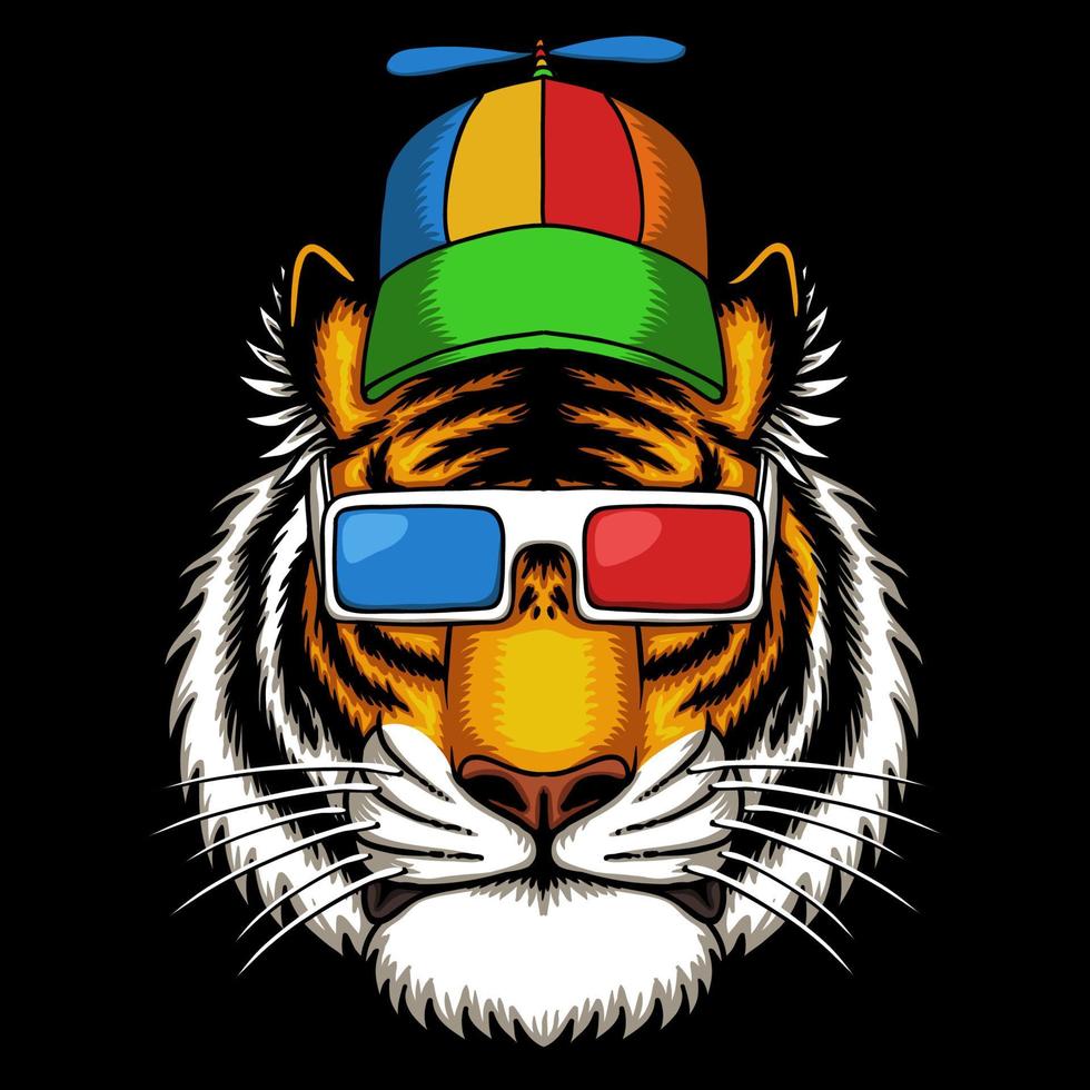 Tigre portant chapeau à hélice et lunettes 3d vector illustration