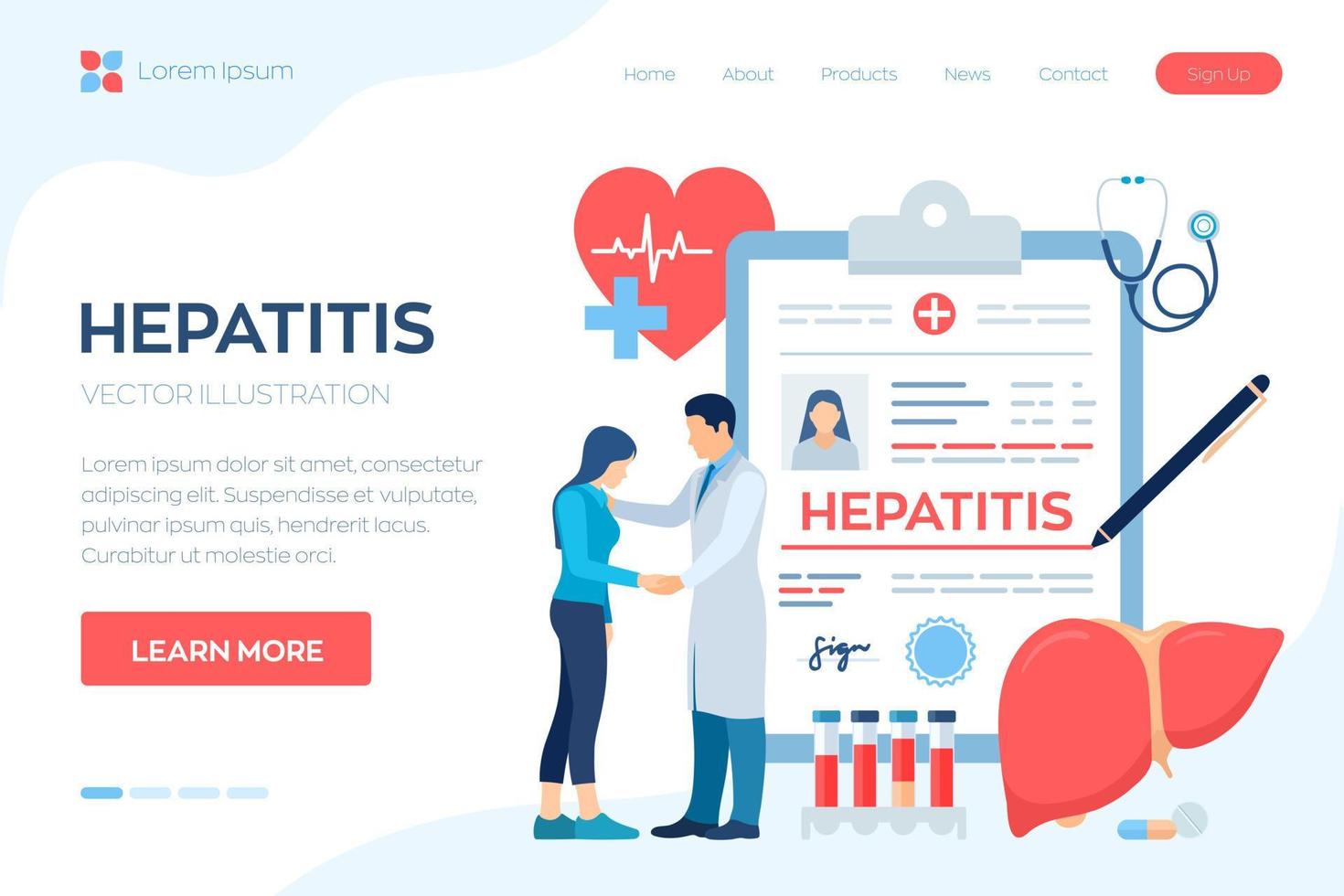 diagnostic médical - hépatite. concept d'hépatite a, b, c, d, cirrhose, journée mondiale de l'hépatite. médecin prenant soin du patient. sensibilisation au cancer du foie. traiter le foie malade. illustration vectorielle. vecteur