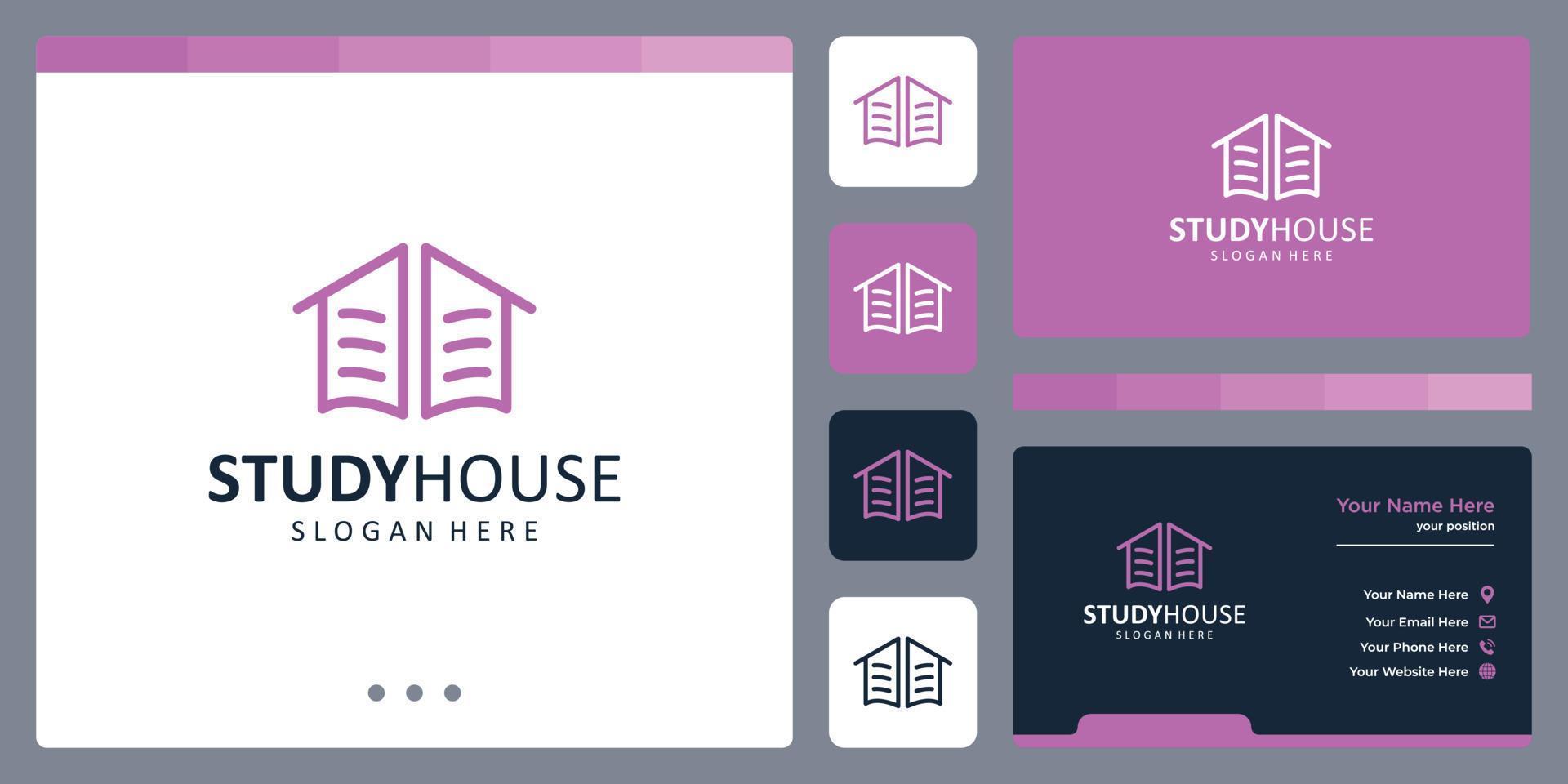 logo de la maison et la forme du logo du livre avec un modèle de ligne. carte de visite. vecteur