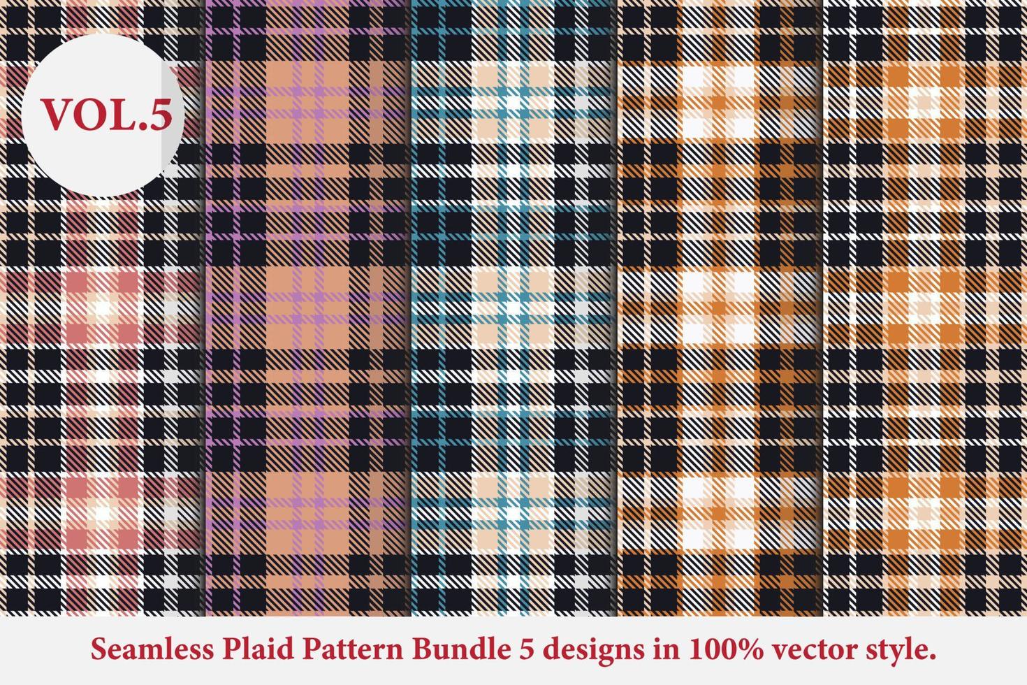 Ensemble de motifs à carreaux 5 dessins vectoriels de buffle, papier peint de fond en tissu tartan, collection de motifs monochromes vecteur