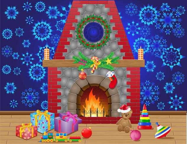 salle de la cheminée avec des cadeaux de Noël et des décorations vecteur