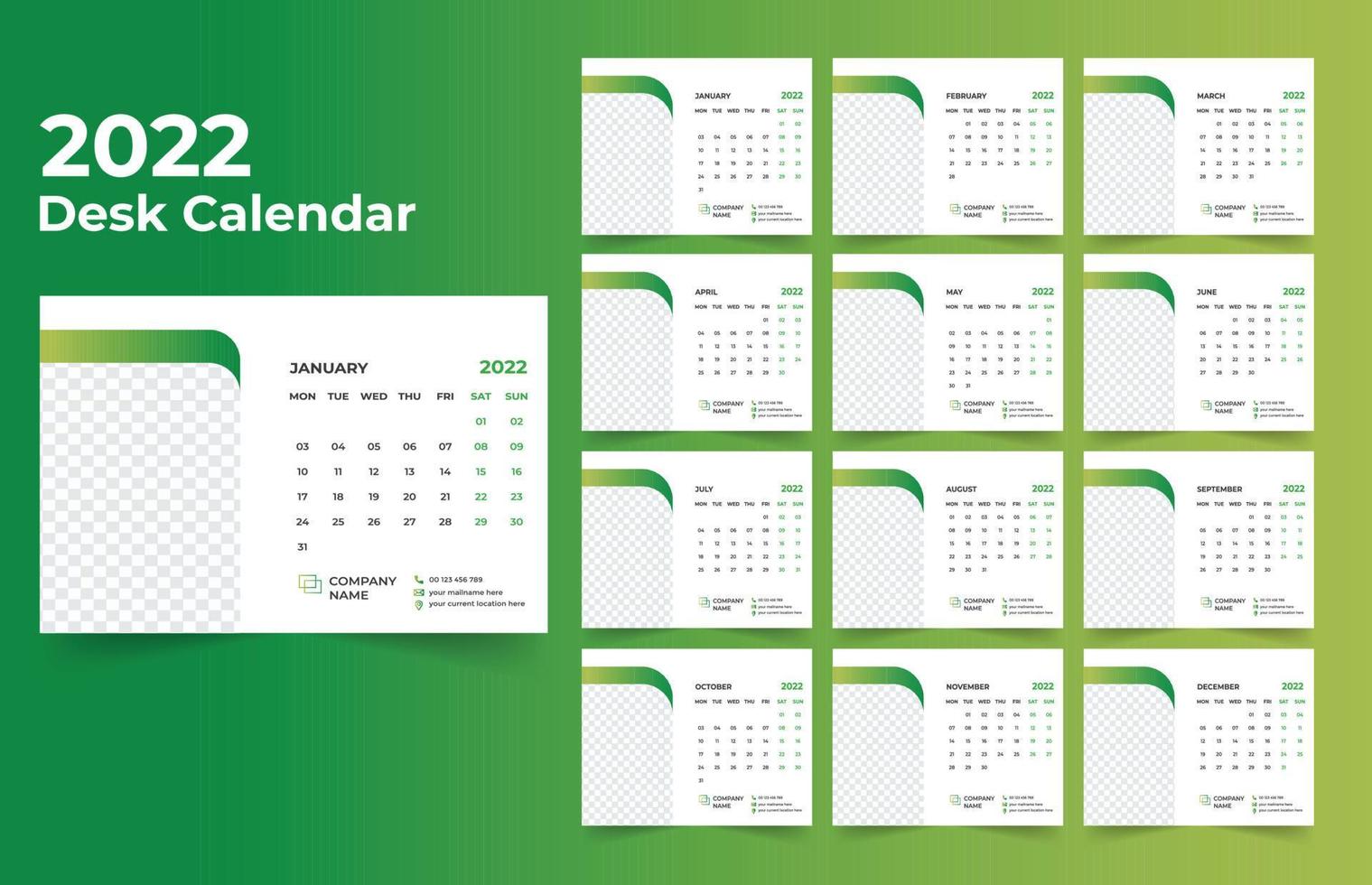 ensemble de modèles de conception de calendrier de bureau 2022 de 12 mois, la semaine commence lundi, conception de papeterie, planificateur de calendrier vecteur