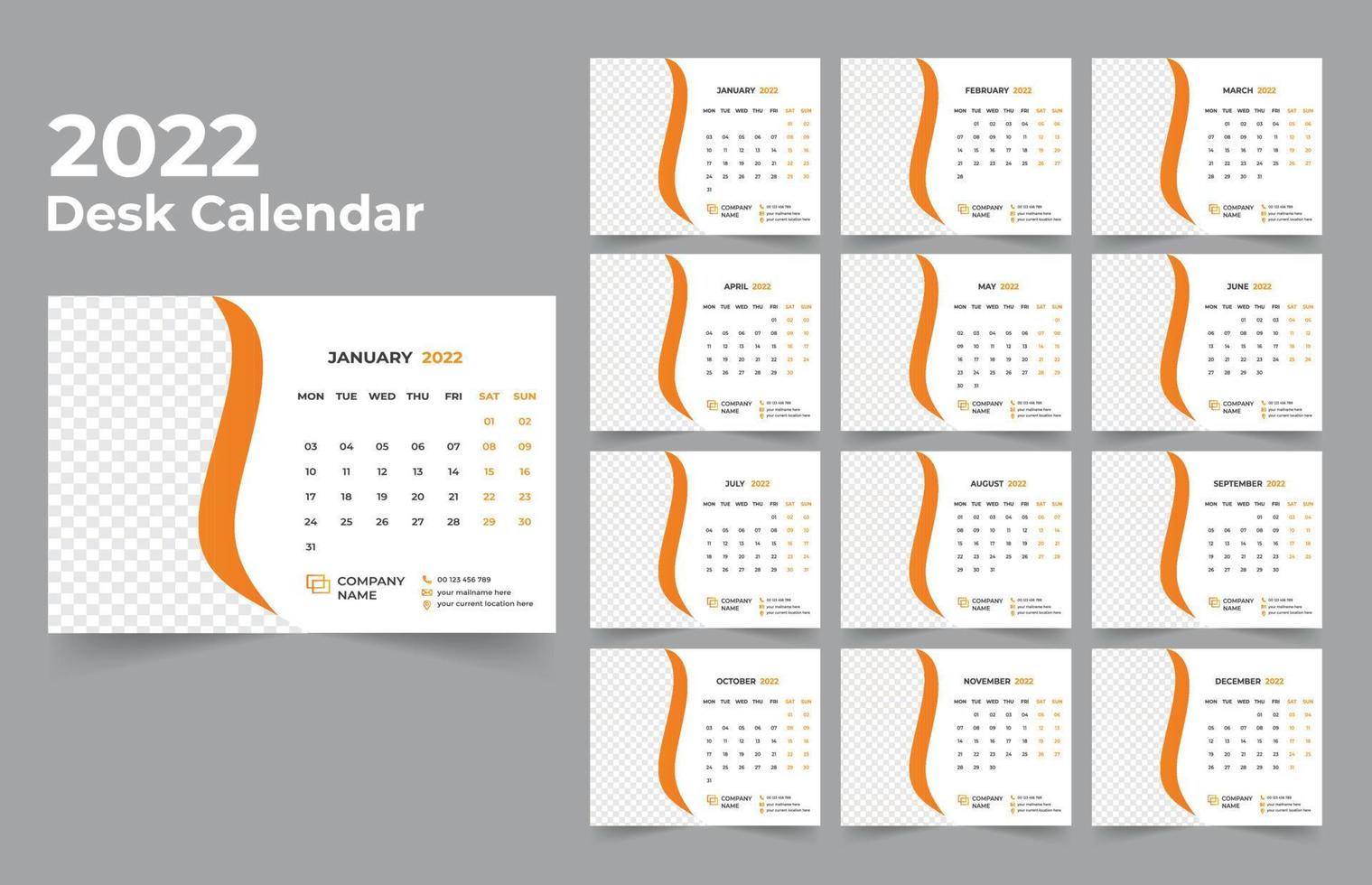 ensemble de modèles de conception de calendrier de bureau 2022 de 12 mois, la semaine commence lundi, conception de papeterie, planificateur de calendrier vecteur