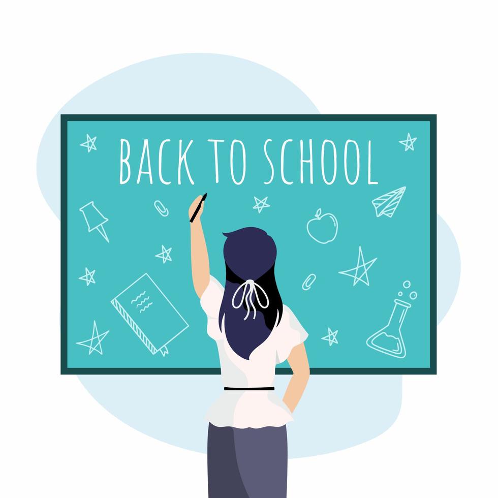 l'enseignant écrit la phrase de retour à l'école sur le tableau noir. femme vue de dos. illustration vectorielle pour le 1er septembre. vecteur