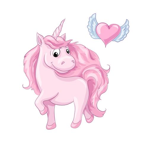 Personnage de dessin animé doux Licorne rose et coeur avec des ailes. vecteur