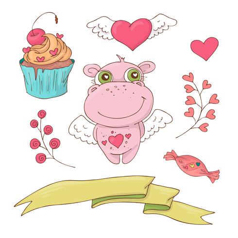 Ensemble de hippo mignon de bande dessinée pour la Saint Valentin avec accessoires vecteur