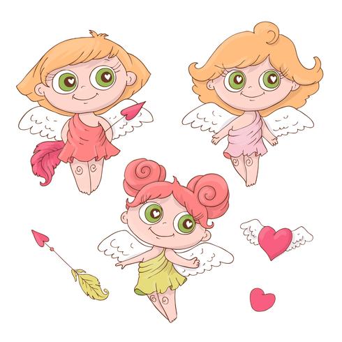 Ensemble d anges de dessin animé mignon pour la Saint-Valentin avec accessoires vecteur