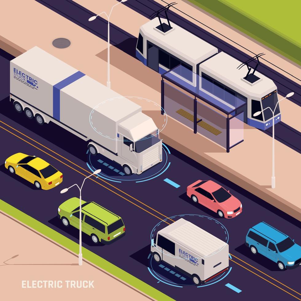 composition isométrique des camions électriques vecteur