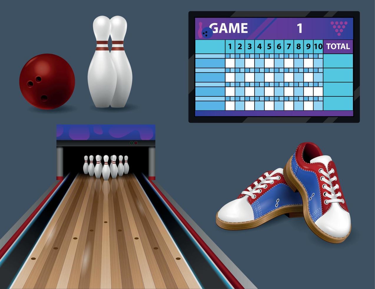 composition réaliste de l'essentiel du bowling vecteur