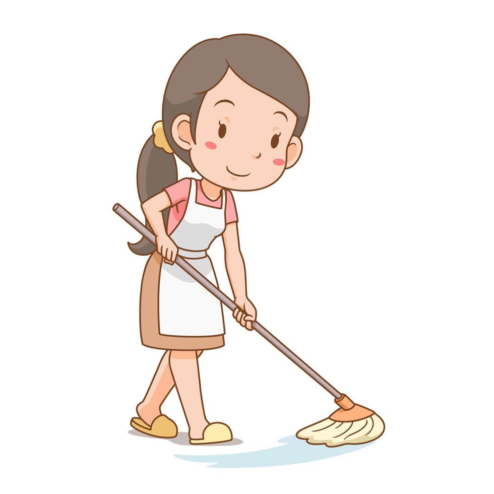 personnage de dessin animé de femme au foyer nettoyant le sol. vecteur