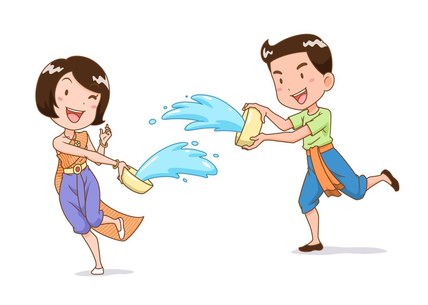 personnage de dessin animé d'un garçon et d'une fille éclaboussant de l'eau avec un bol d'eau au festival de songkran, en thaïlande. vecteur