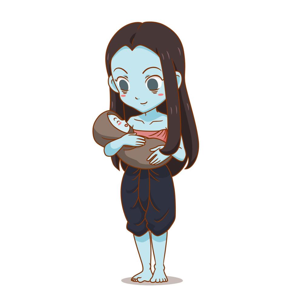 personnage de dessin animé de fantôme féminin thaïlandais portant un enfant. vecteur