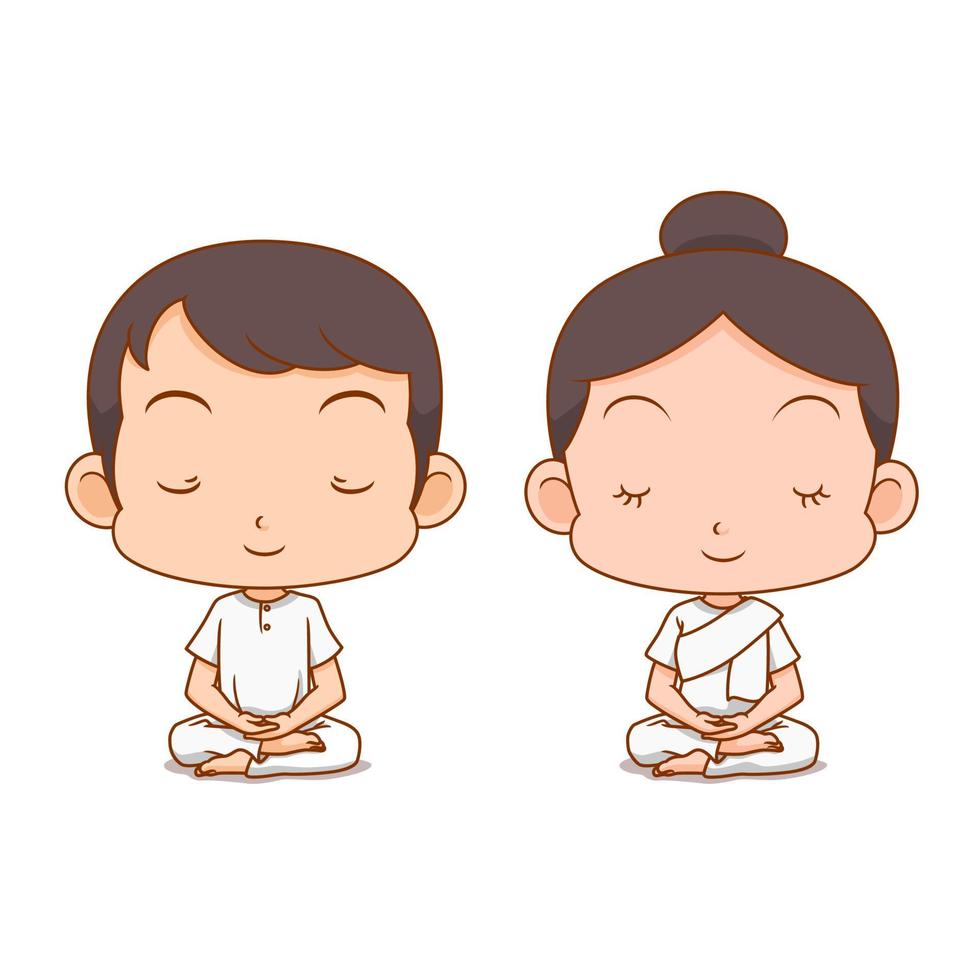personnage de dessin animé d'un garçon et d'une fille méditant en vêtements blancs. vecteur