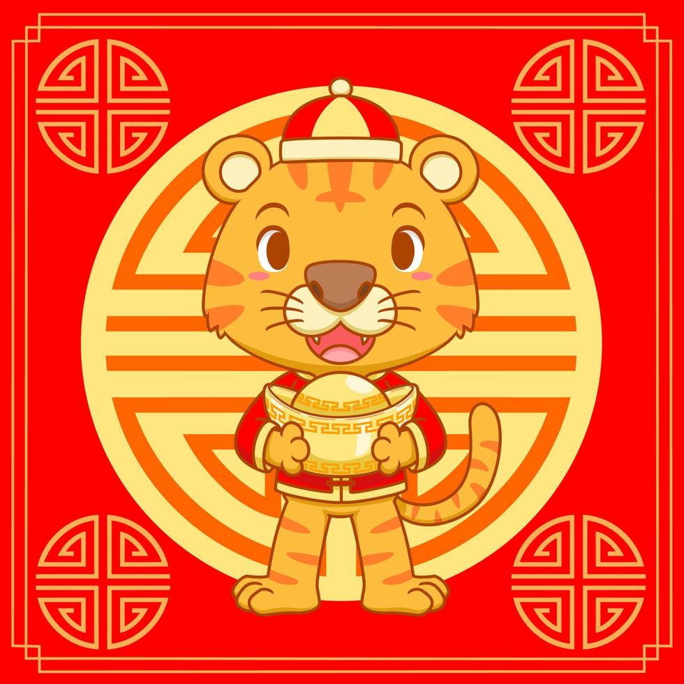 illustration de dessin animé d'un tigre mignon tenant un lingot d'or sur fond rouge pour la célébration du nouvel an chinois. vecteur