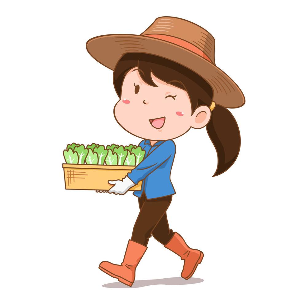 personnage de dessin animé d'une agricultrice portant des légumes. vecteur
