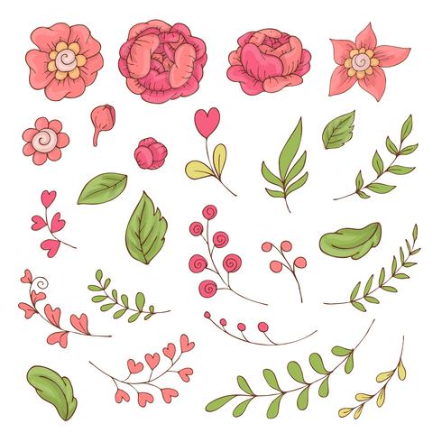 Ensemble de fleurs de dessin animé mignon et feuilles pour la Saint-Valentin avec accessoires. vecteur